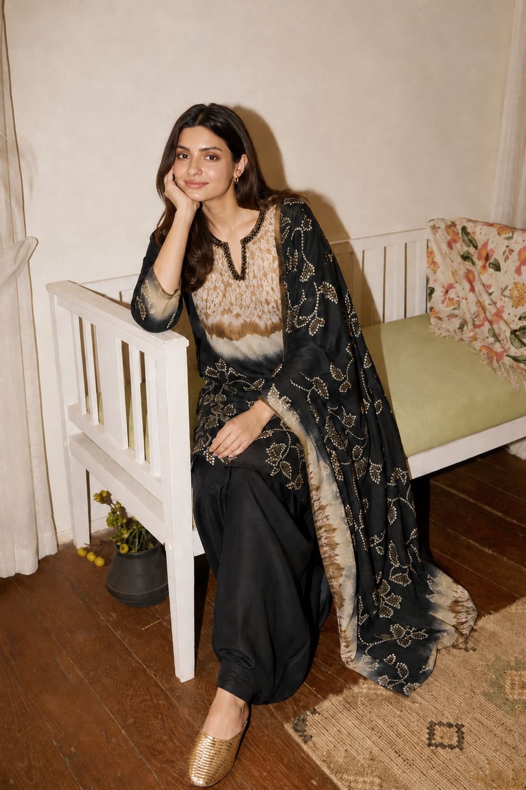 Natural crape with farshi three piece set (C610)