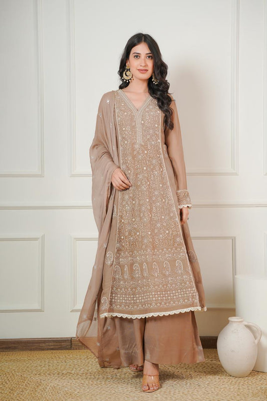 Light brown pure georgette with full thread work (P280)