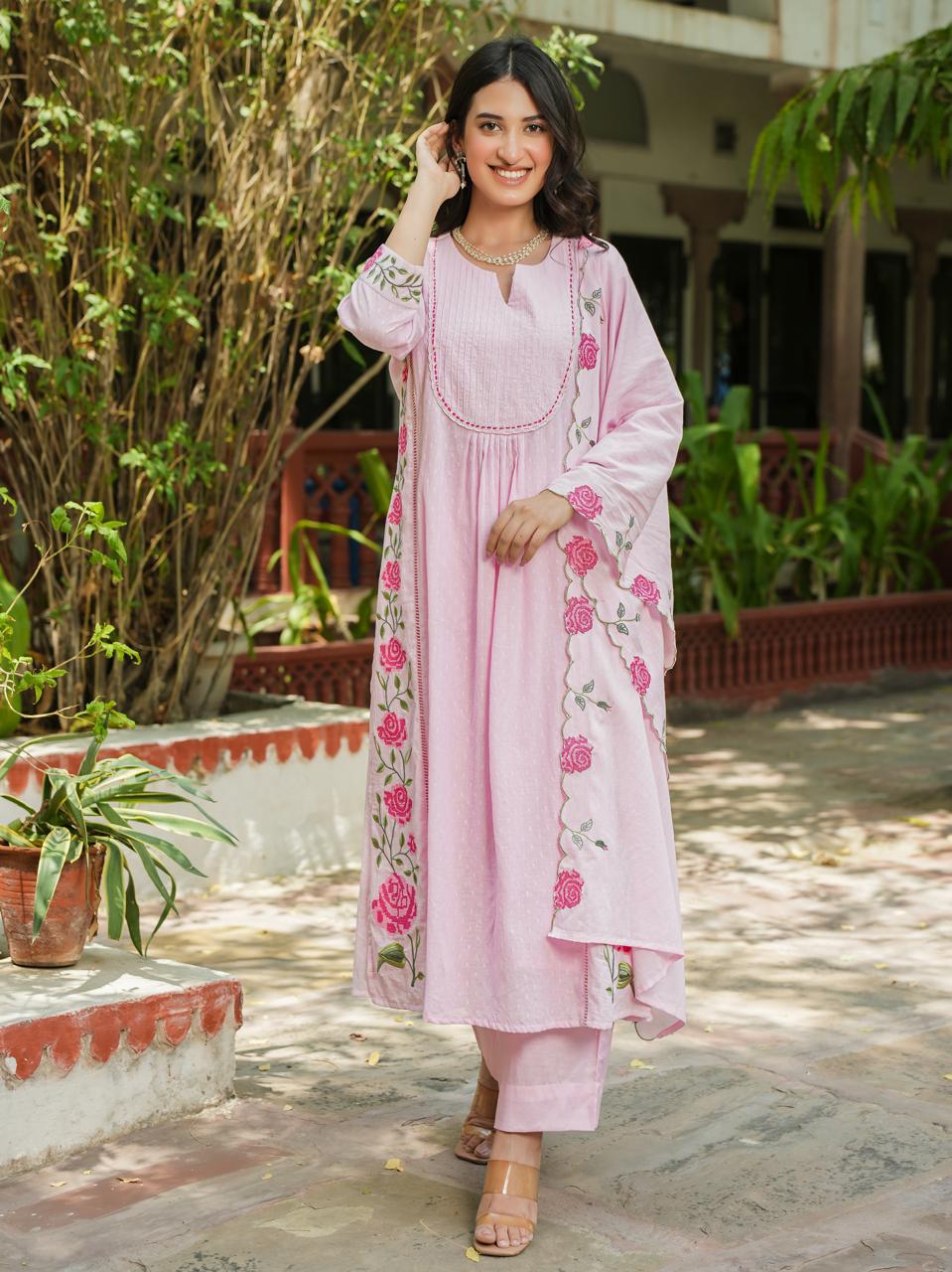 Pink dobby cotton with lining and full thread work three piece set (P663)