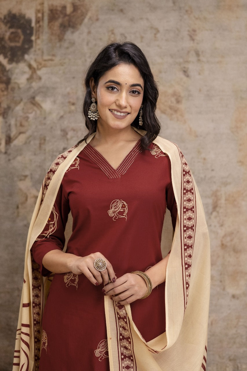 Pure cotton mahroon colour with embroidery three piece set (A1262)
