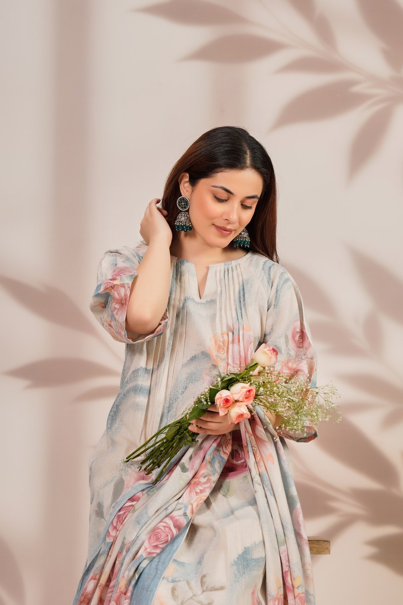 Premium cotton linen digital print smart three piece set (B559)