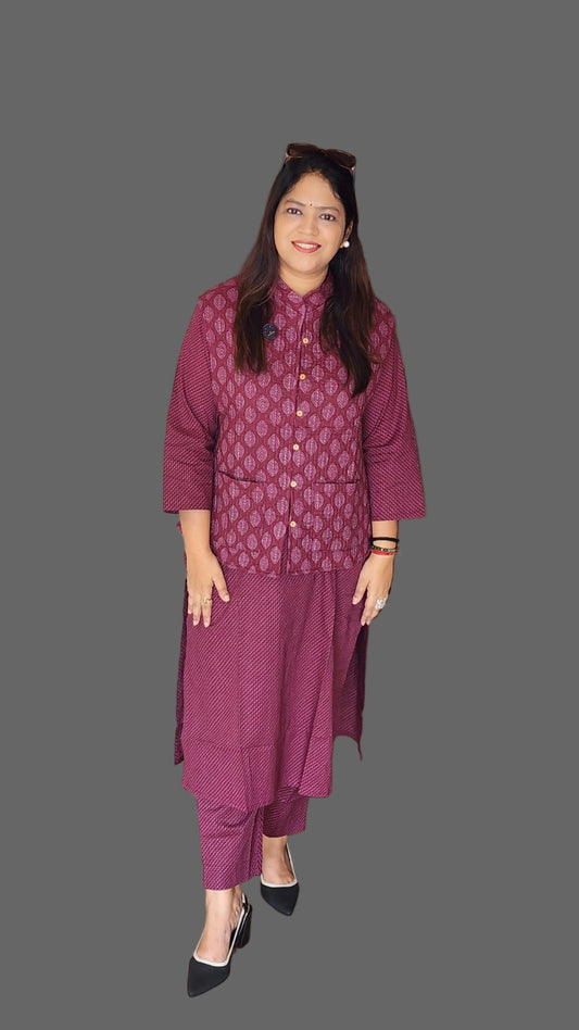 Pure cotton block print with quilted jacket three piece set (A1247)