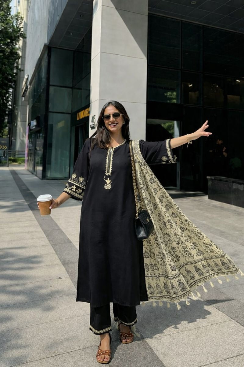 Black cotton modal with varli art silk dupatta three piece set (A1535)