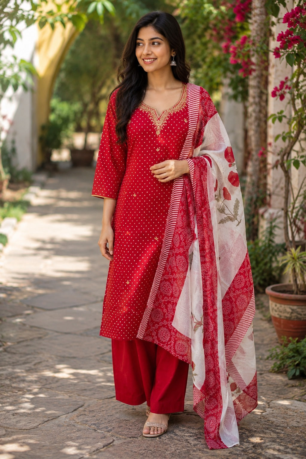 Pure cotton bright red colour bandani print with mugal duppta three piece set (C299)