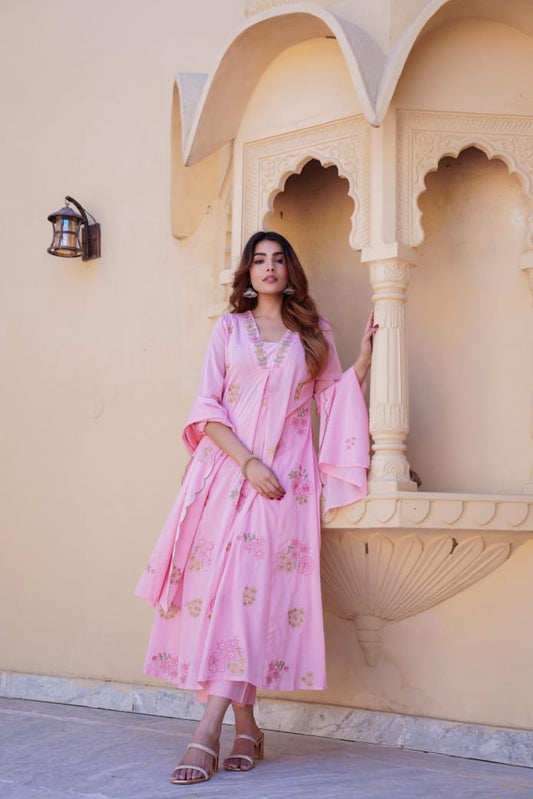 Light pink mul cotton flared fully thread work three piece set (P1770)