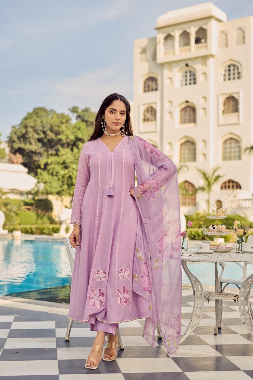 Lavender pure mul chanderi three piece set (B687)