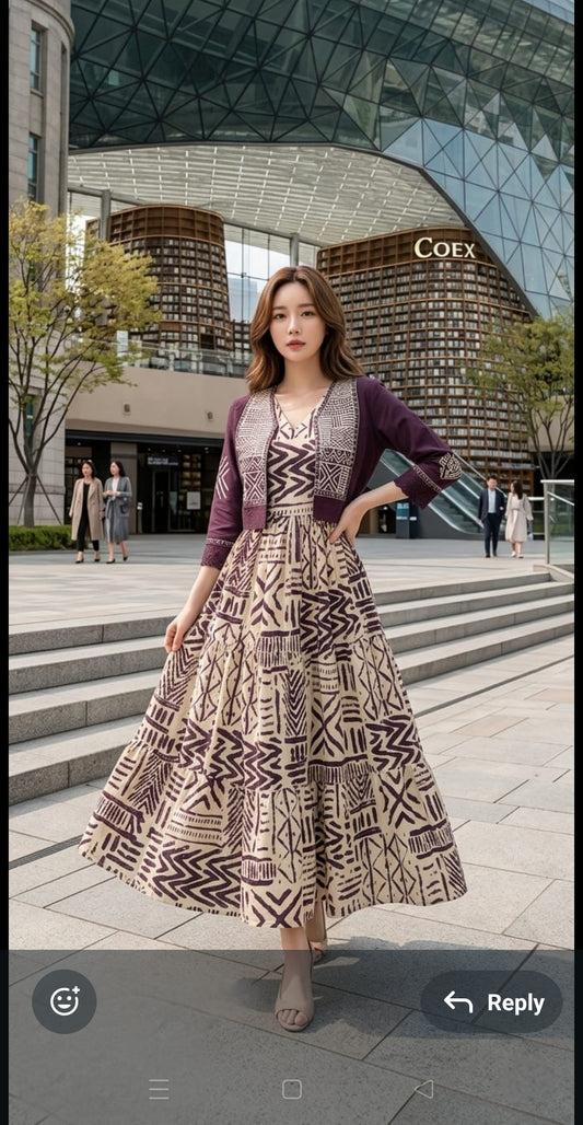 Pure cotton flared one piece dress with detachable jacket (B445)