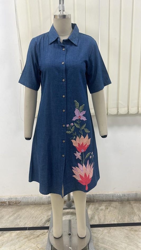 Soft denim one piece dress with thread work (A1996) (length 40 inch)