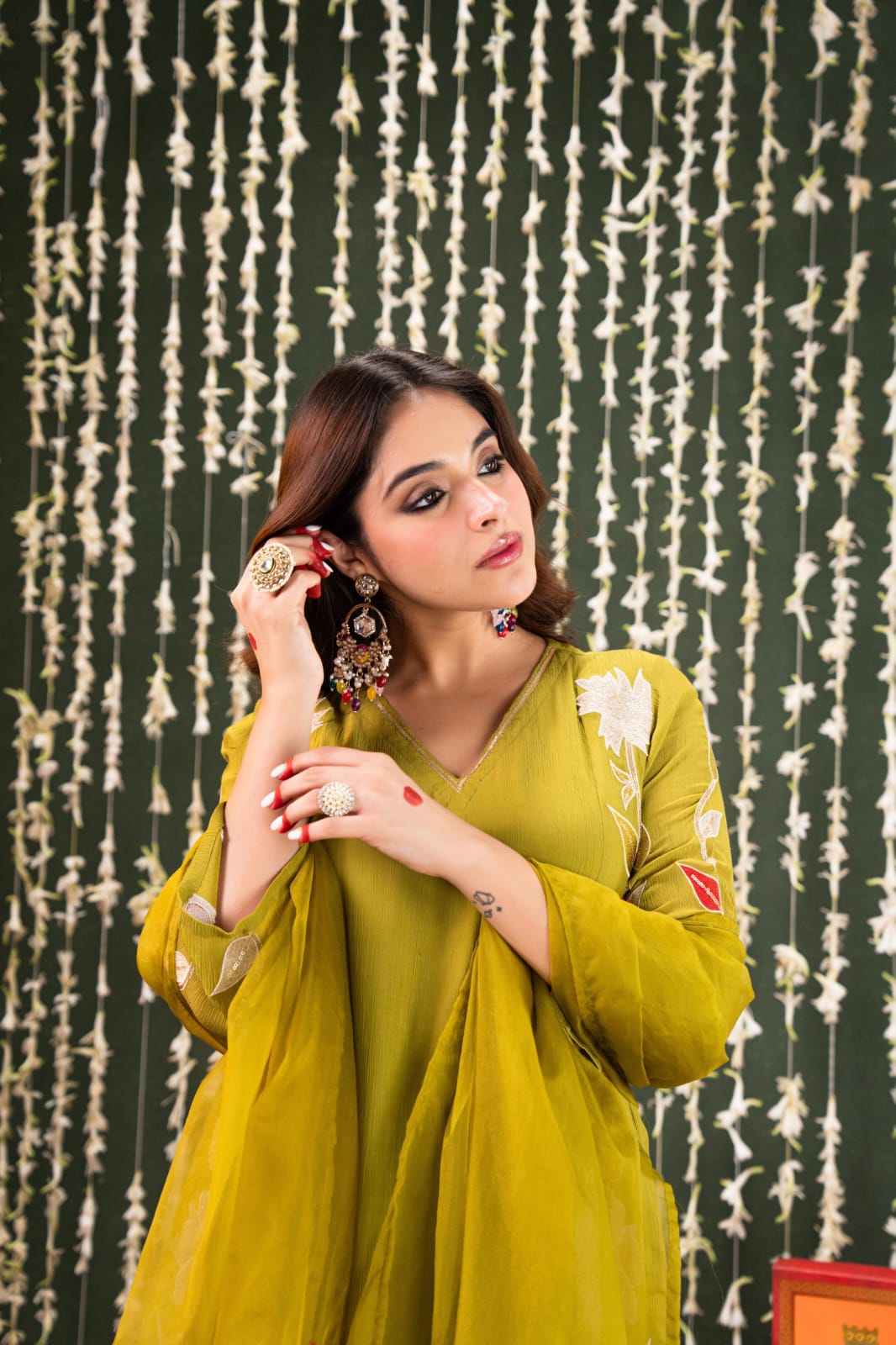 Green crush mul chanderi with full work three piece set (A921)
