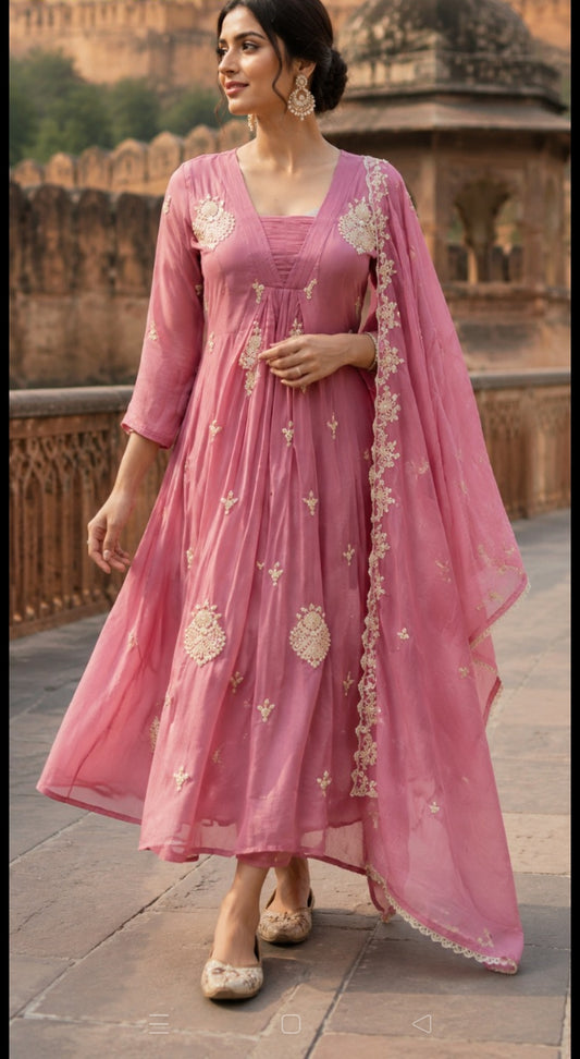 Pure chinnon with hand work three piece set (C136)