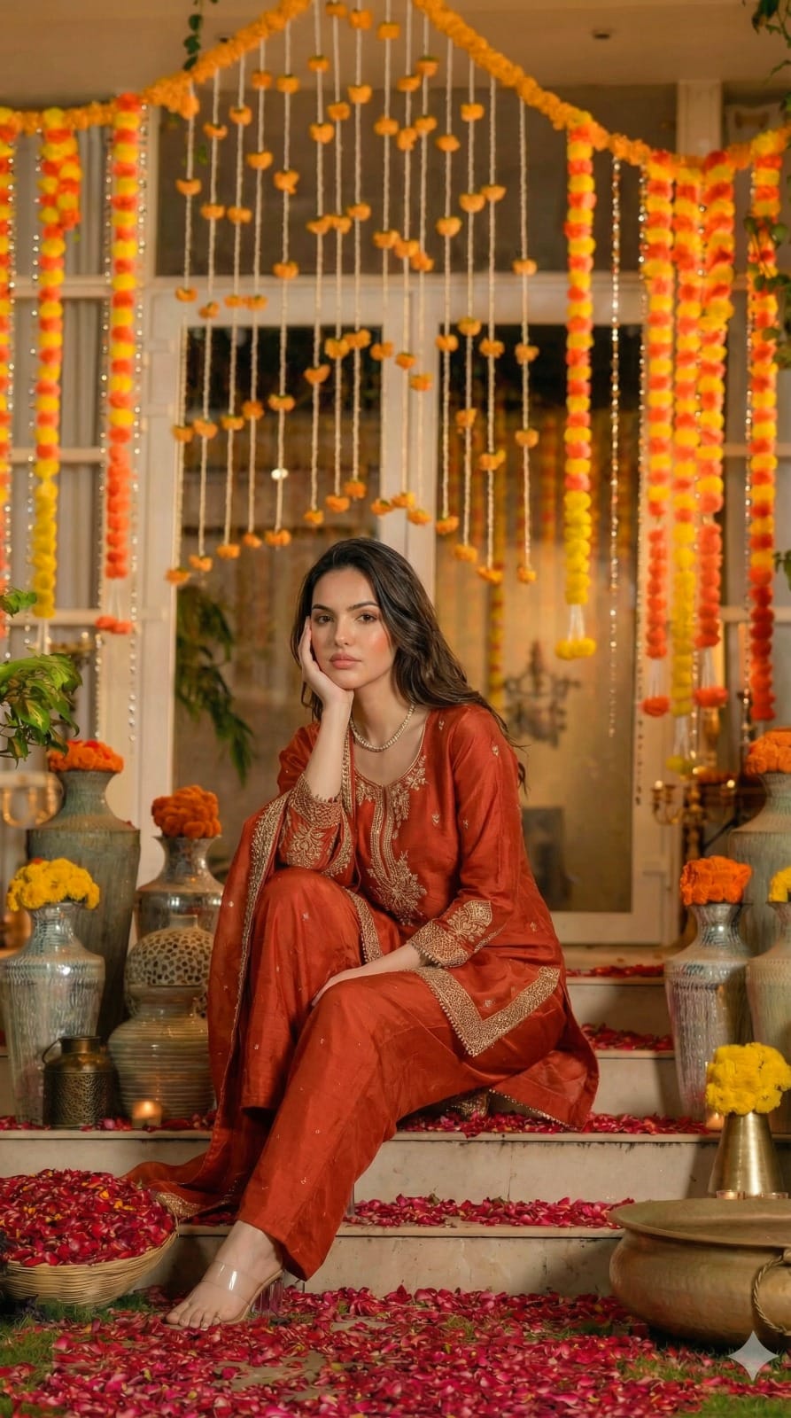 Orange pure silk with lining full jari work three piece set (A1391)