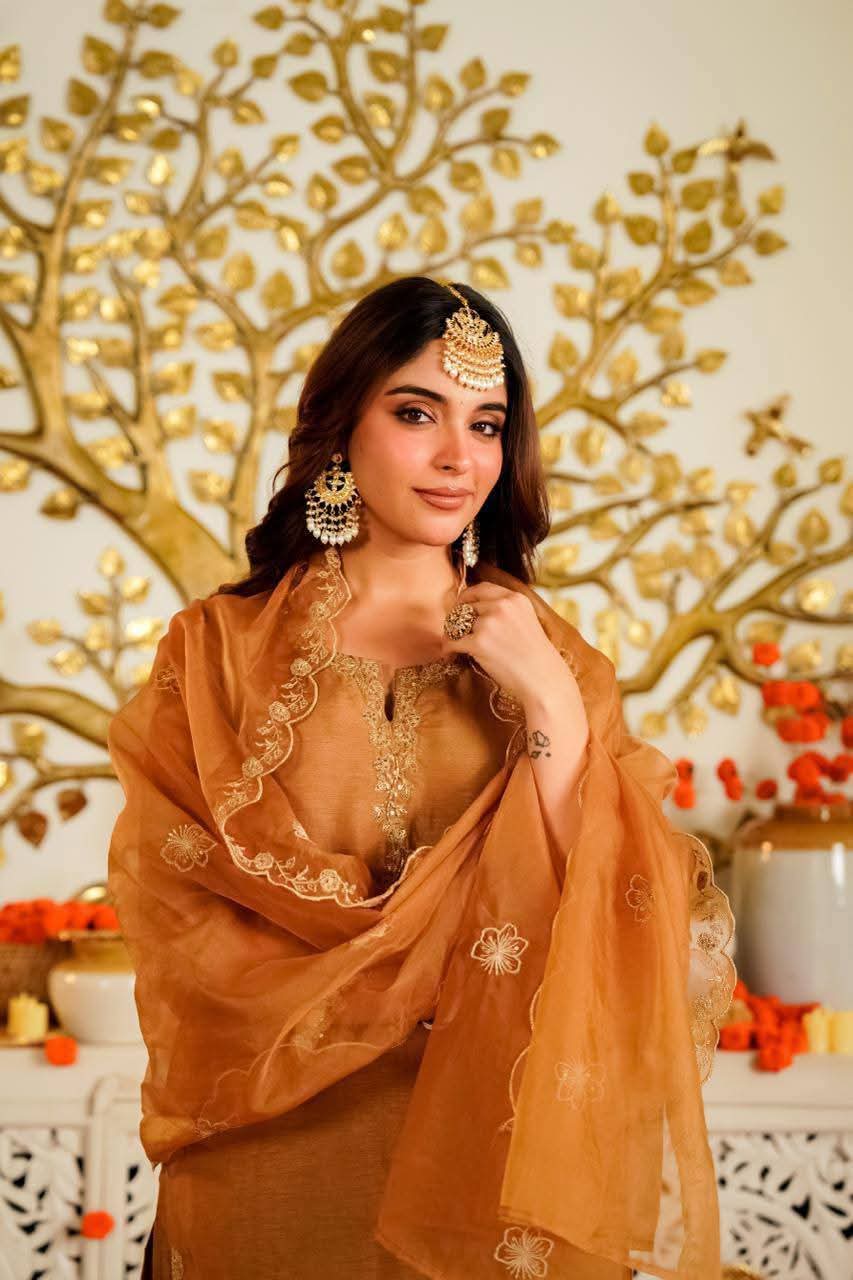 Pure silk with heavy work and organza dupatta three piece set (A1267)