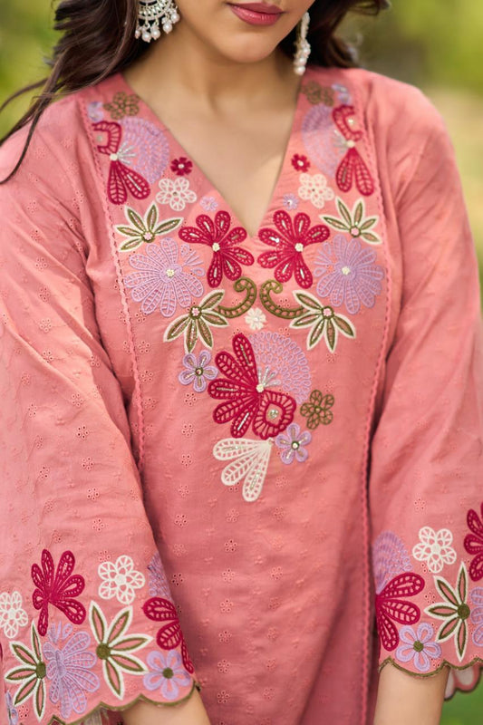 Cotton shifali A line with fully embroidered mul lining three piece set (S118)