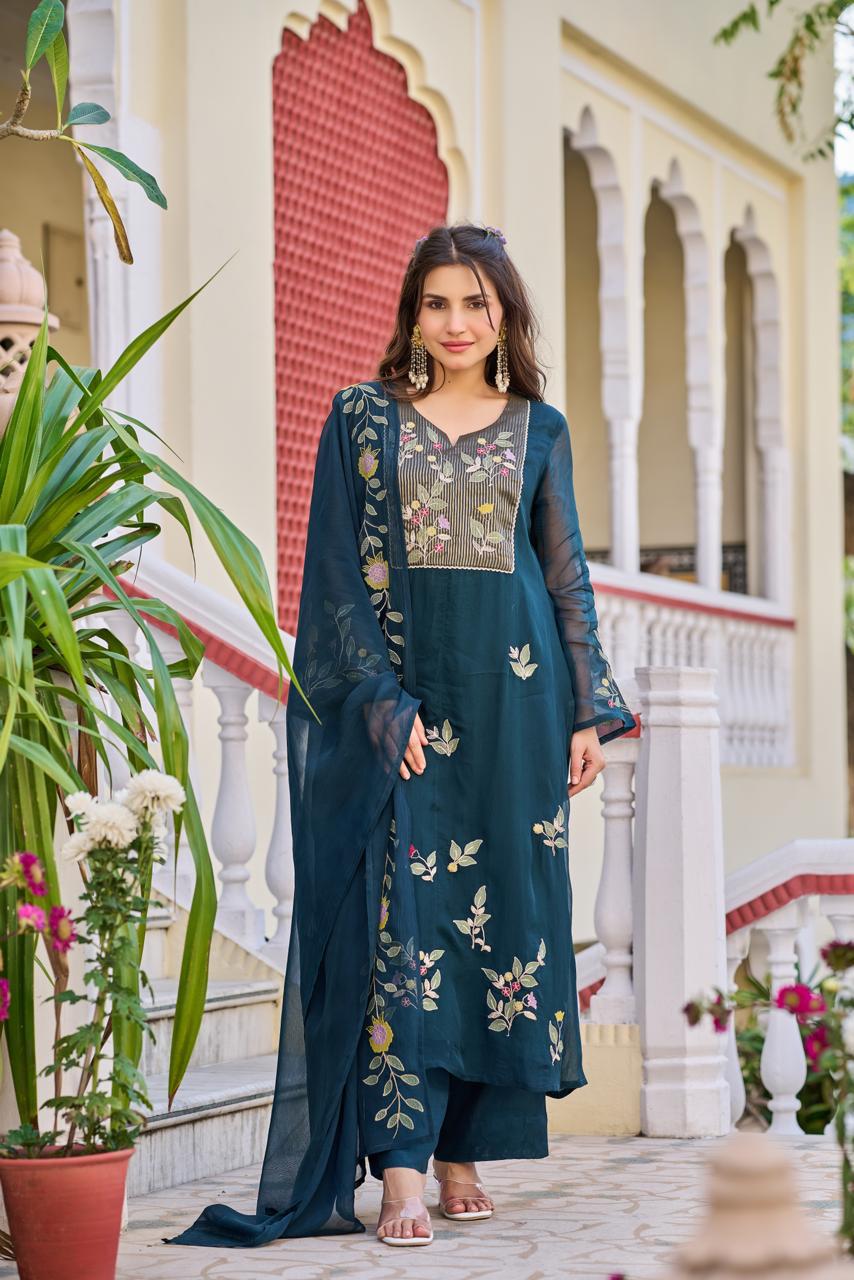 Soft organza with zari work three piece set (B406)