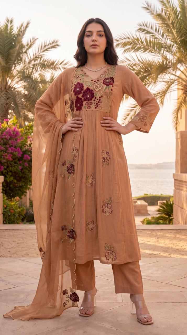 Crush cotton with lining and full embroidery with organza dupatta three piece set (B782)