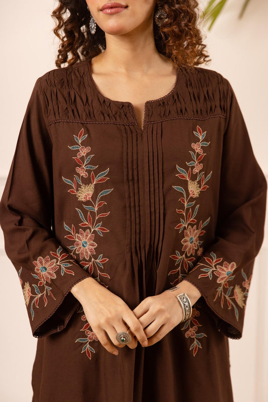 Brown cotton modal fully embroidered two piece cordset (B158)