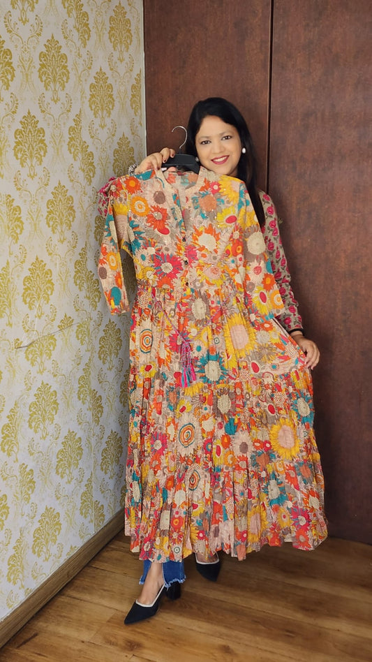 Pure cotton fully flared one piece dress (A137)