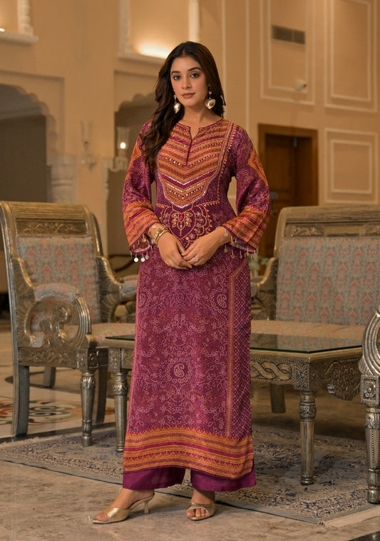Natural crape with lining pakistani pattern two piece cordset length 54 inch (S305)