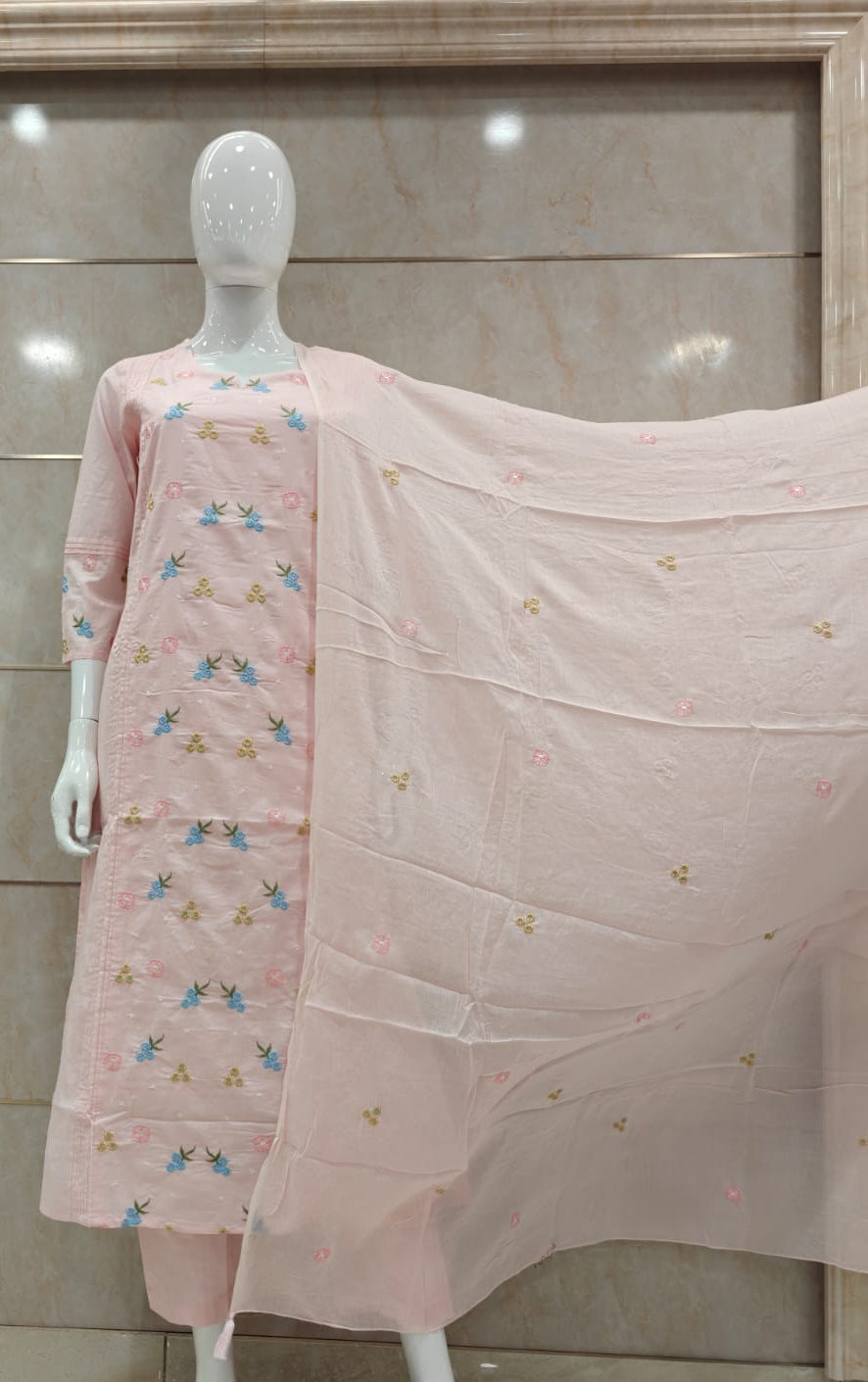 Pink mul cotton with thread work three piece set (A1339)