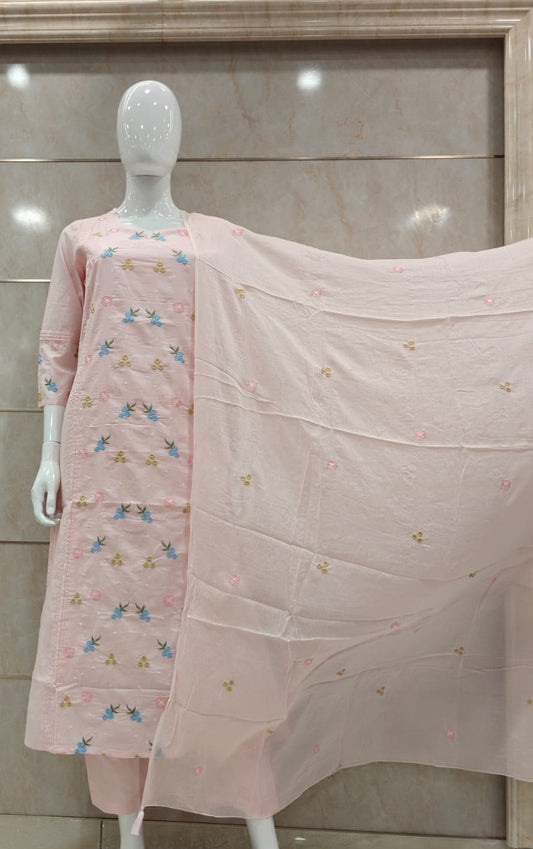 Pink mul cotton with thread work three piece set (A1339)