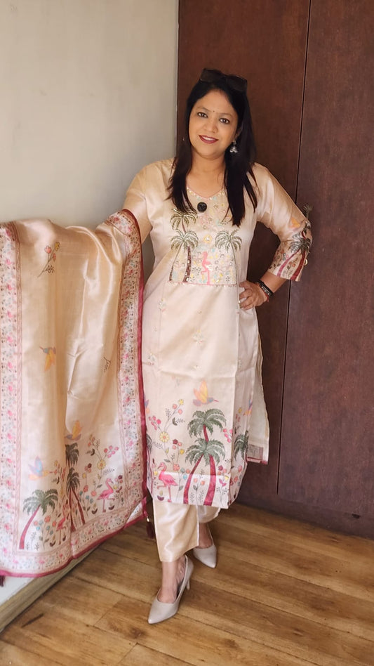 Russian silk with mul lining placement print designer three piece set (A1982)