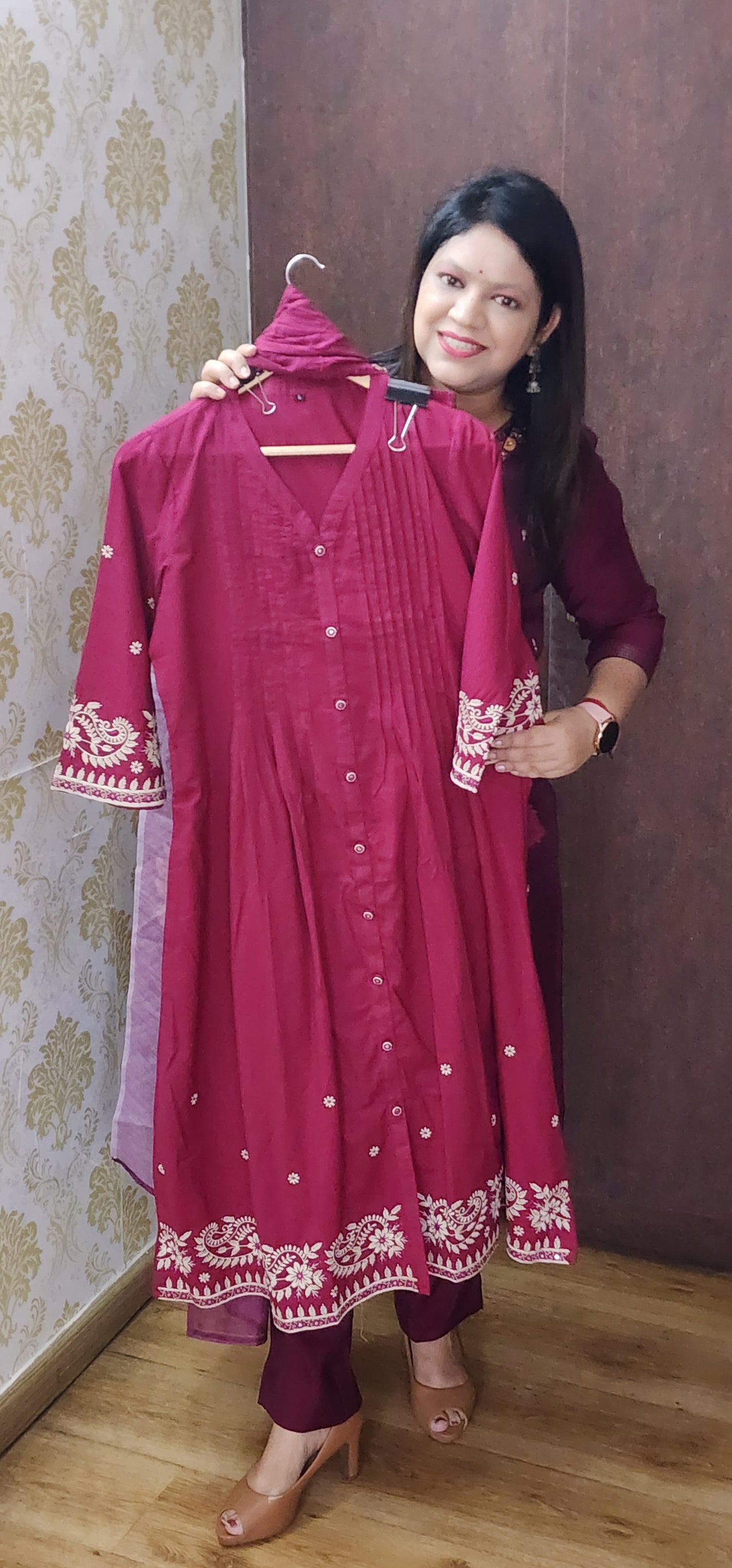 Wine pure cotton with chikankari work three piece set (P1295)