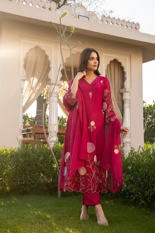 Wine pure mul chanderi with mul lining full thread work pakistani sleeves three piece set (P2164)