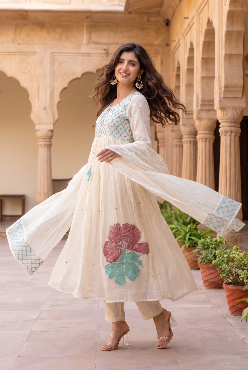 Pure mul chanderi with fully embroidered three piece set (C696)