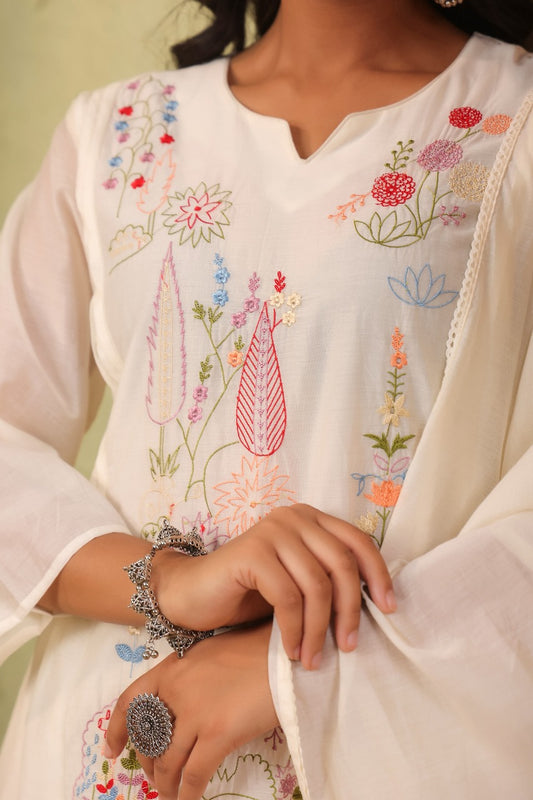 White pure mul chanderi with full thread work three piece set (P2234)