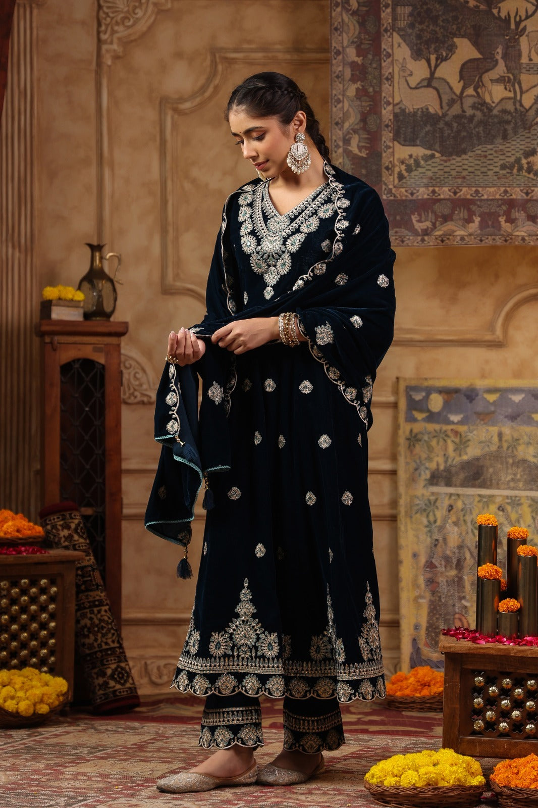 Blue velvet full heavy work flared anarkali (T175)