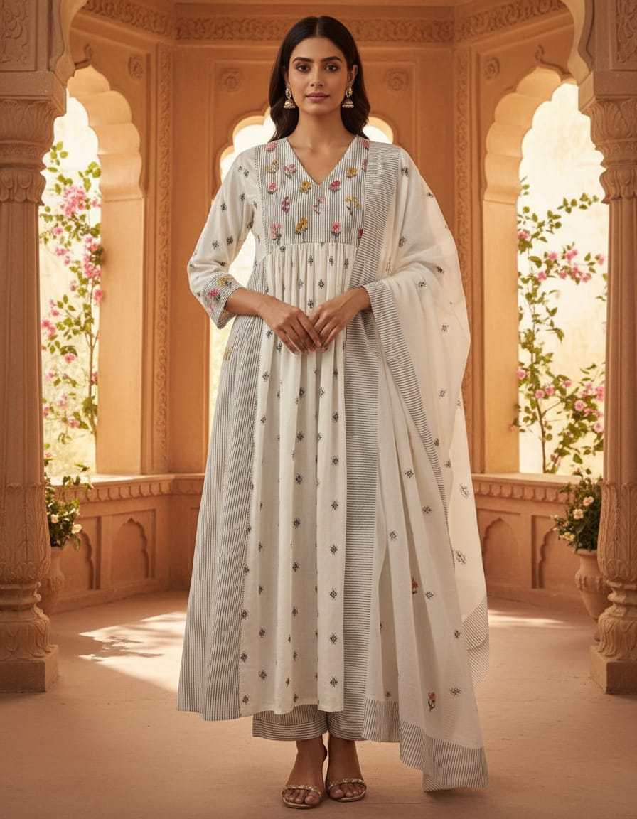 Stylish pure cotton with lining A line pattern three piece set (C297)