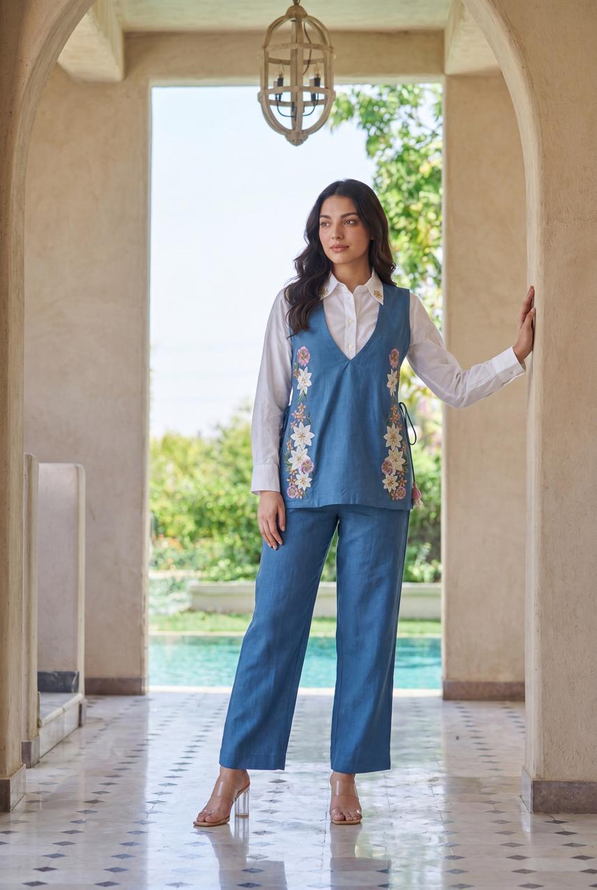 Cotton with embroidered flower smart three piece cordset (S159)
