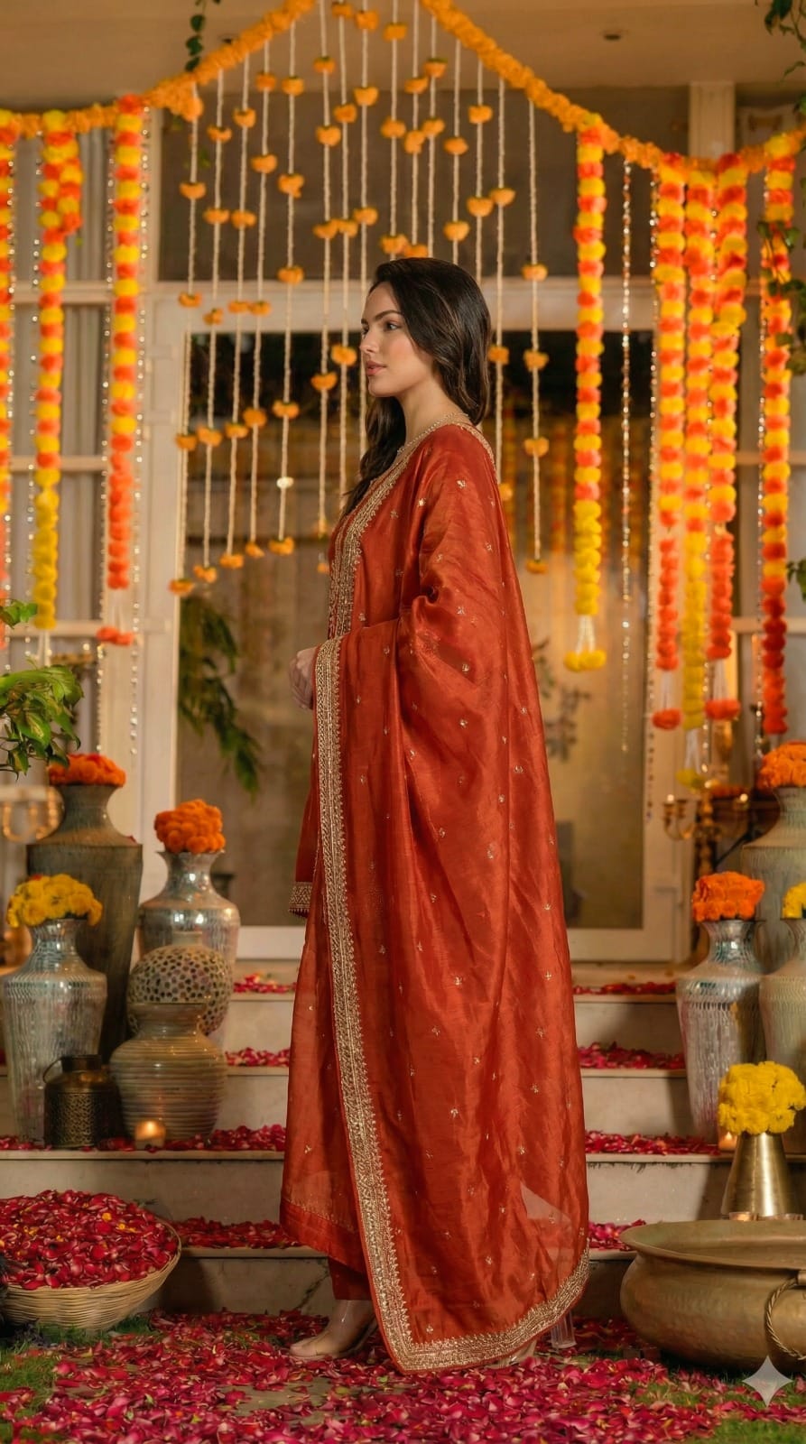 Orange pure silk with lining full jari work three piece set (A1391)