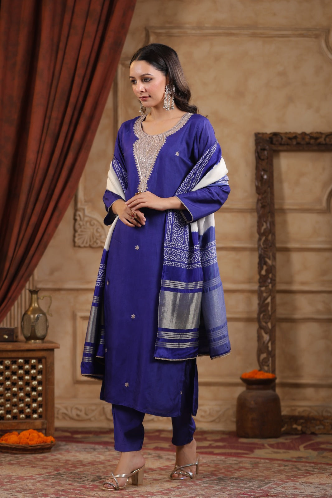 Purple pure silk withheavy work on neck line and bandani  dupatta (P1304)