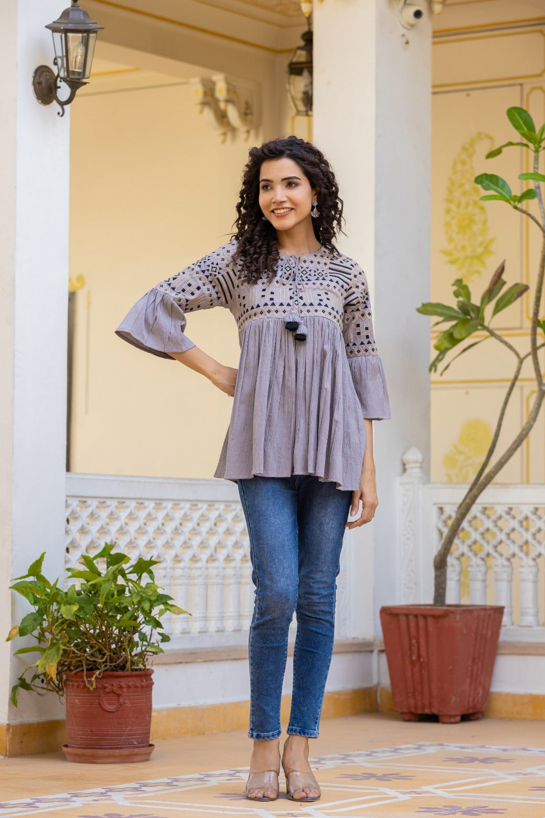 Grey crushed cotton  designer top length is 30 inch(P20)