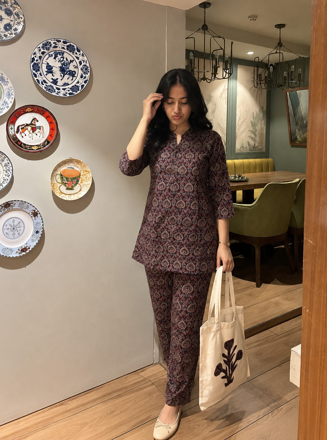 Pure cotton ajrakh print with applique work tote bag smart two piece cordset (S122)
