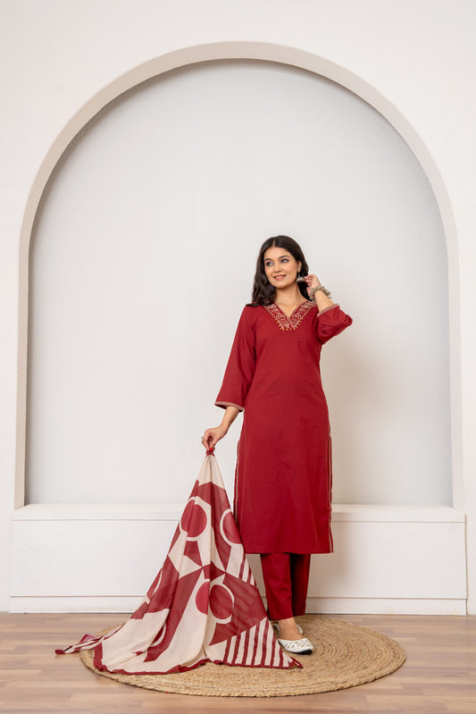 Mahroon pure cotton with muslin silk dupatta three piece set (P2333)