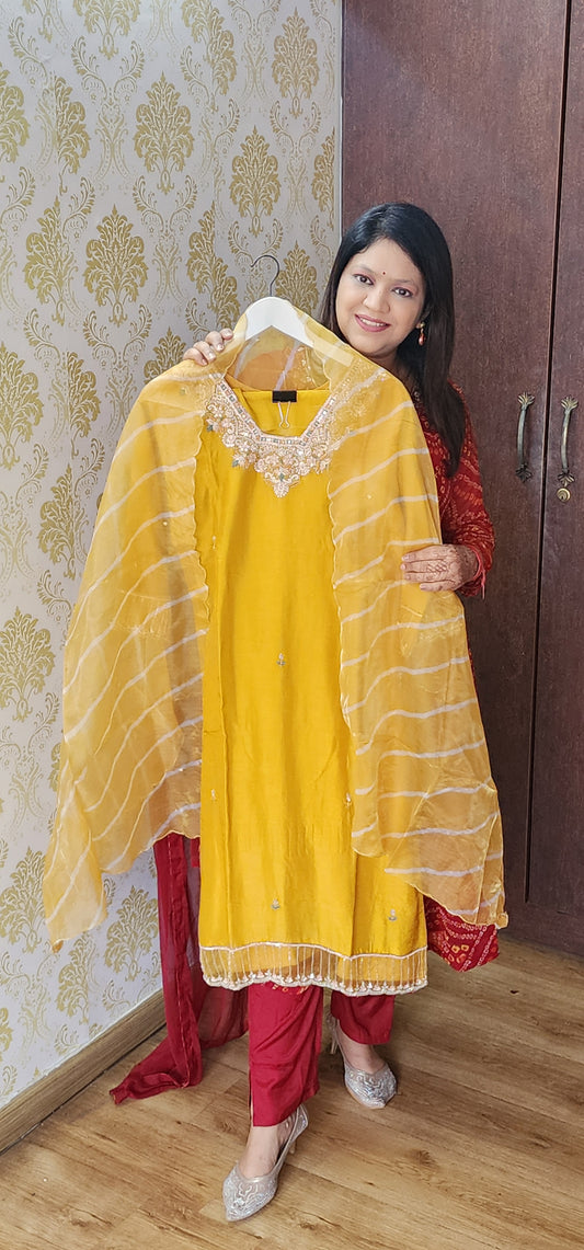 Yellow pure dola silk with lehriya organza duppatta three piece set (P1210)