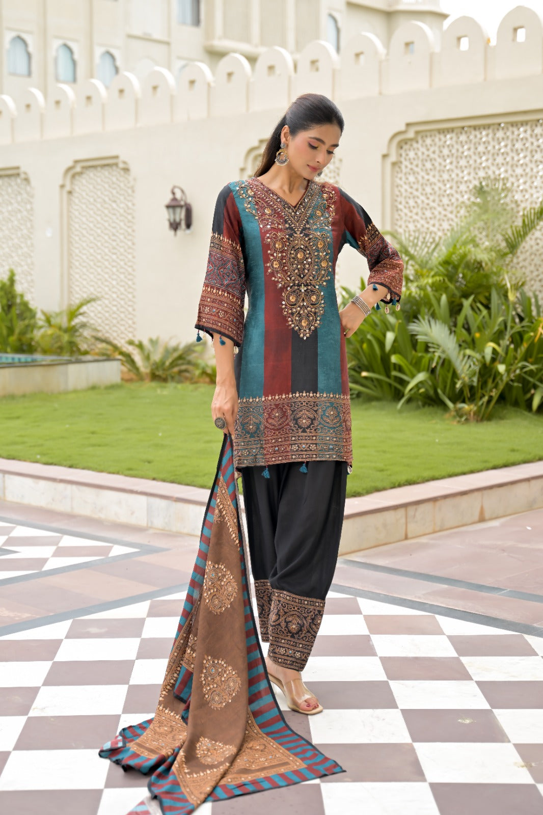 Russian silk with hand work and paired with farshi salwar three piece set (C468)
