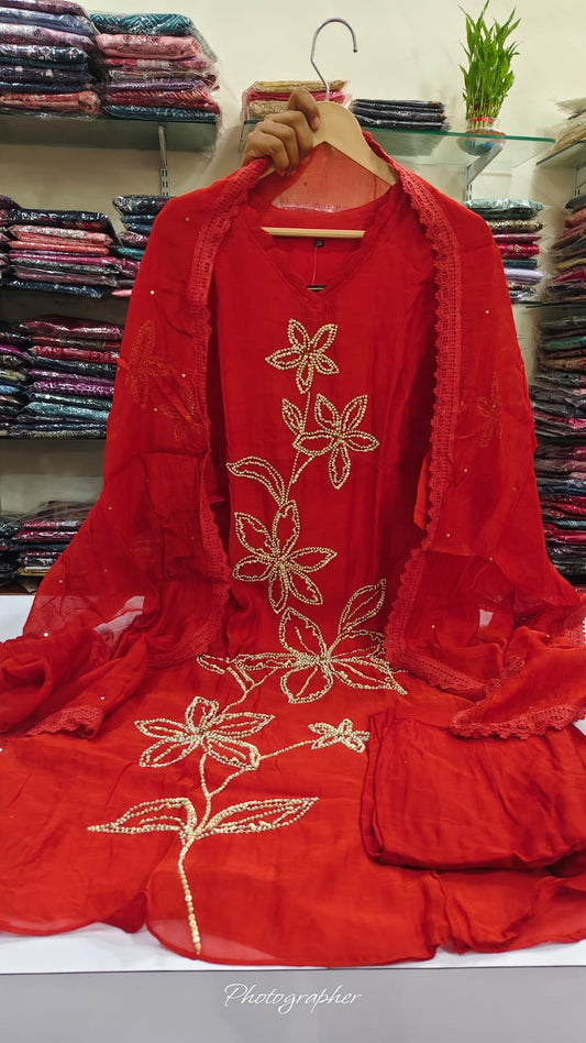 Cherry red  banarsi mul chanderi with full hand work three piece set (A769)