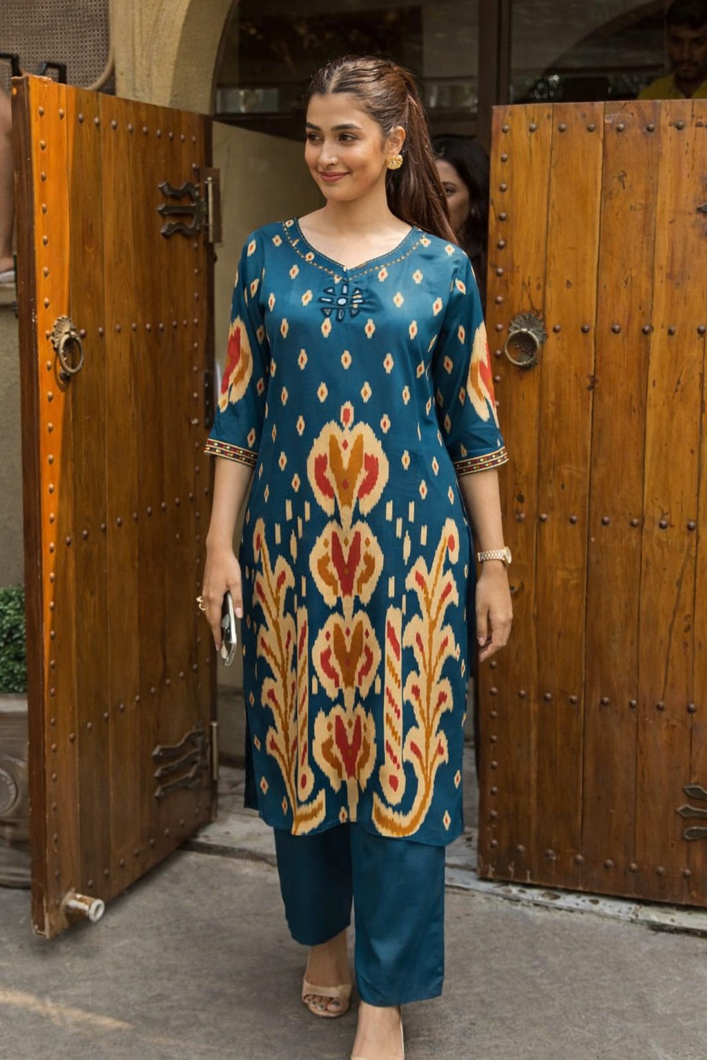 Pure gaji silk with real mirror ikkat print two piece cordset (A1841)