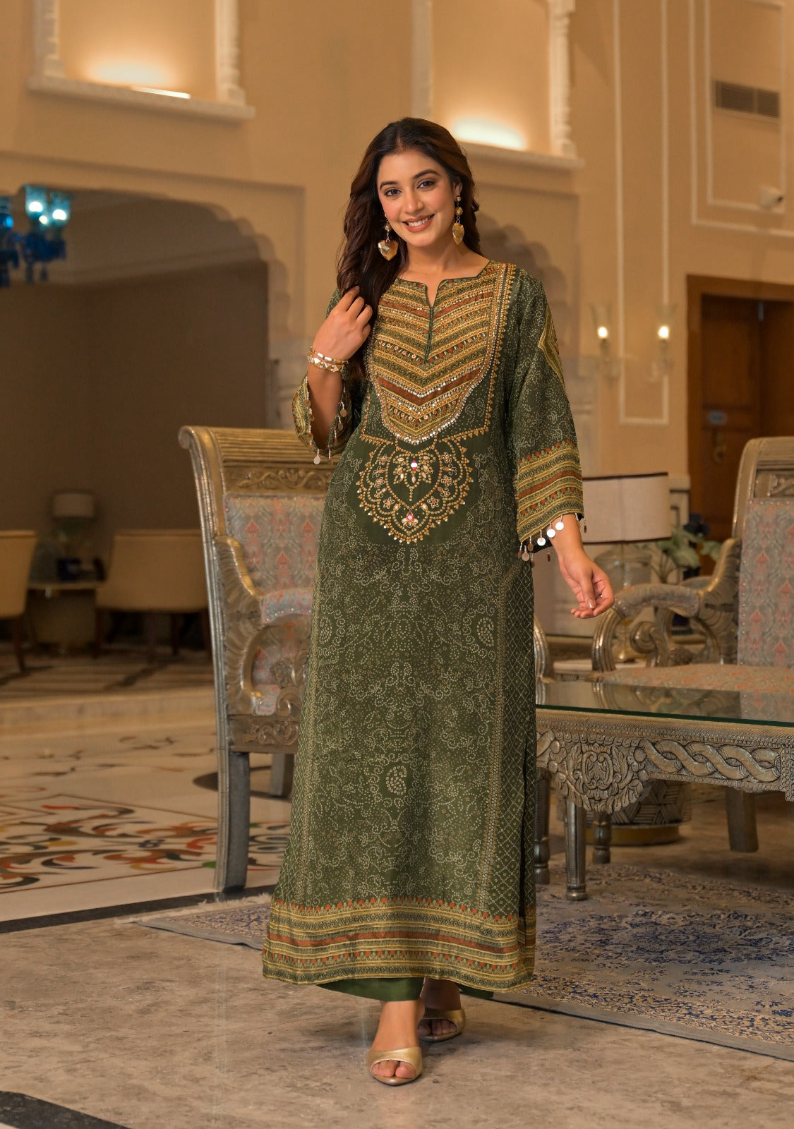Natural crape with lining pakistani pattern two piece cordset length 54 inch (S306)