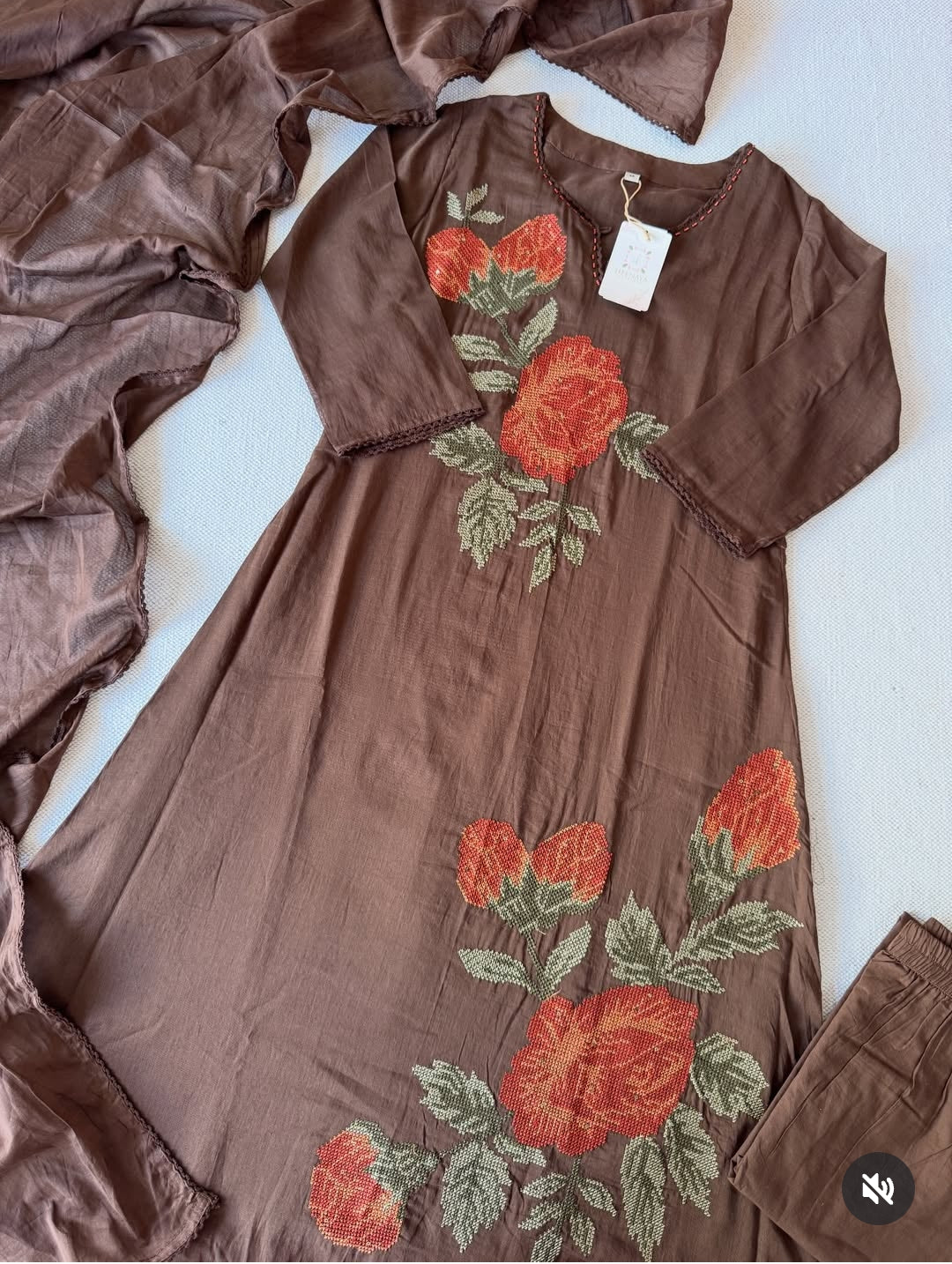 Brown mul cotton with full cross stitch work A line pattern three piece set (B324)