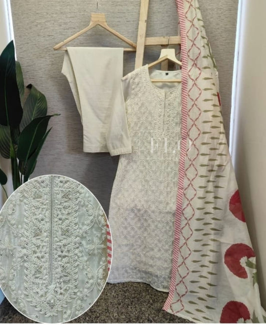 White chanderi silk with full chikankari work three piece set A1567