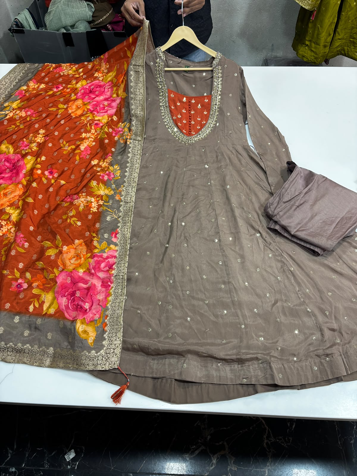 Pure chinnon flared anarkali three piece set (C475)