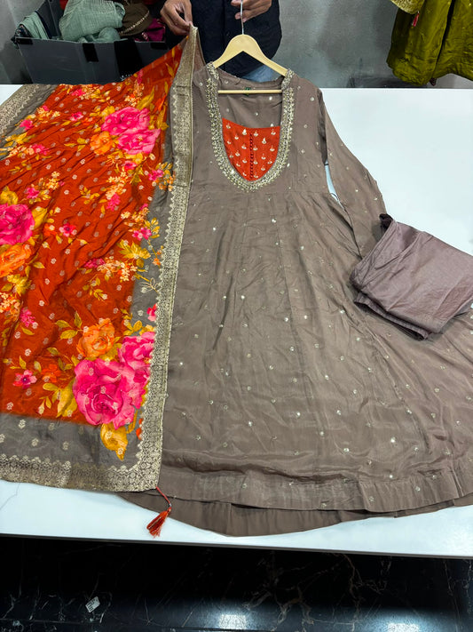Pure chinnon flared anarkali three piece set (C475)