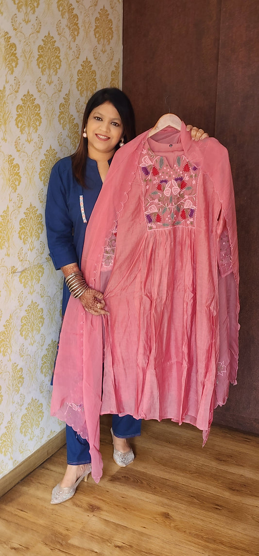 Pink chanderi with full thread work with organza duppatta (P1203)