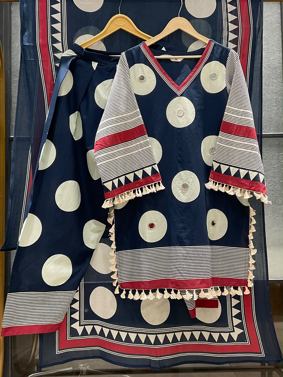 Blue pure cotton polka with farshi salwar smart three piece set (C291)