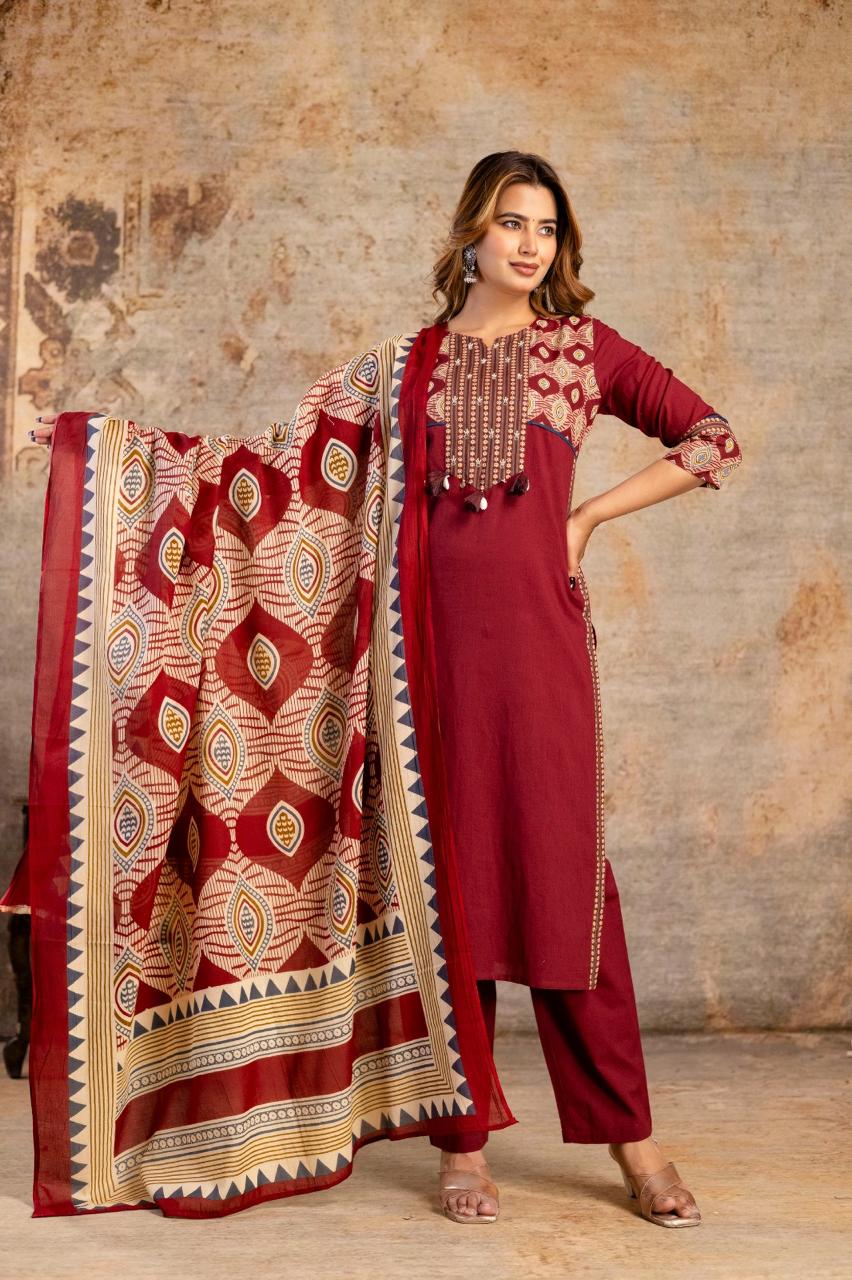 Mahroon pure cotton three piece set (P2074)