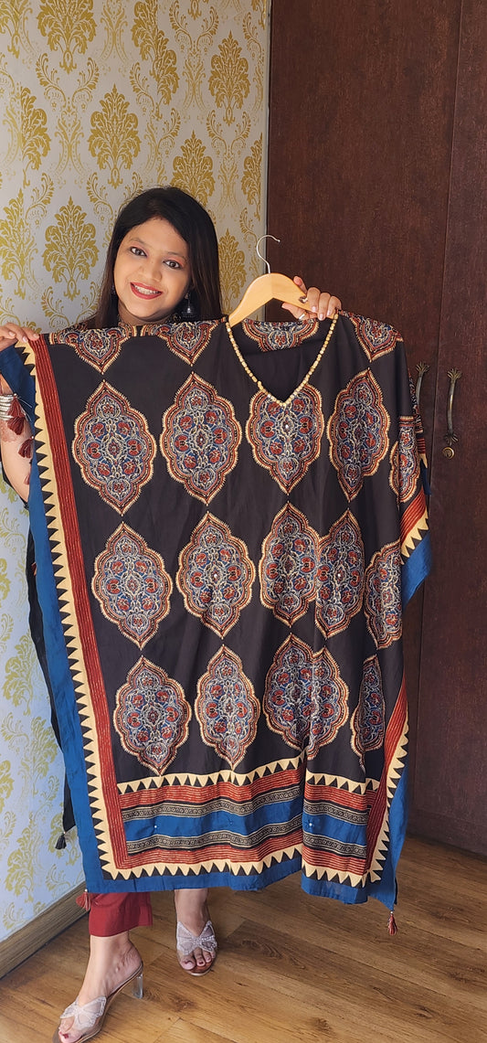 Black pure cotton kalamkari with fully elastic bottom two piece kaftan set (P1261)